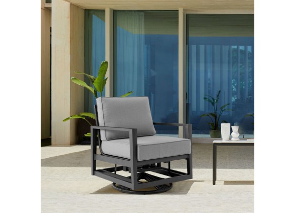 Armen Living Grand Black Aluminum Outdoor Swivel Glider Chair with Dark Gray Cushions