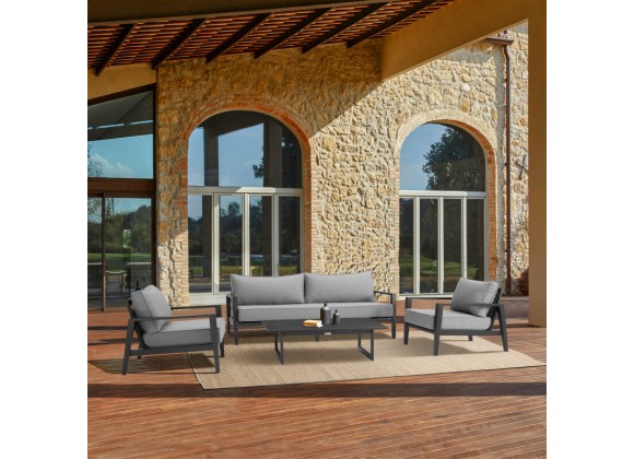 Armen Living Grand 4 Piece Black Aluminum Outdoor Seating Set with Dark Gray Cushions
