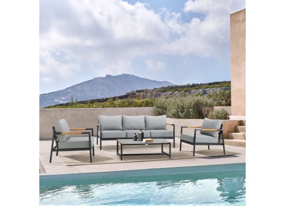 Armen Living Royal 4 Piece Black Aluminum and Teak Outdoor Seating Set with Dark Gray Cushions