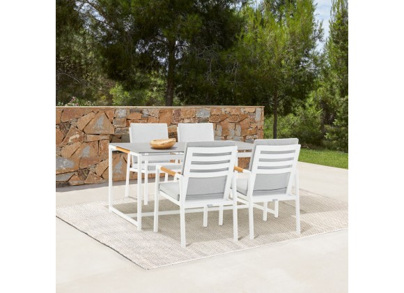 Royal 5 Piece White Aluminum and Teak Outdoor Dining Set with Light Gray Fabric 