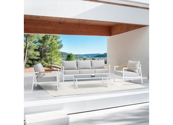 Armen Living Royal 4 Piece White Aluminum and Teak Outdoor Seating Set with Light Gray Cushions