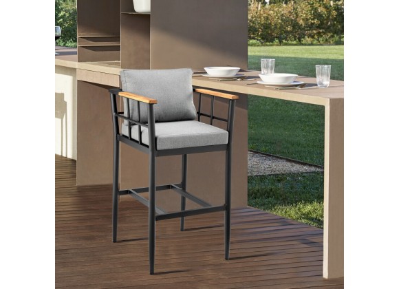 Armen Living Wiglaf Outdoor Patio Counter or Bar Height Bar Stool in Aluminum and Teak with Grey Cushions