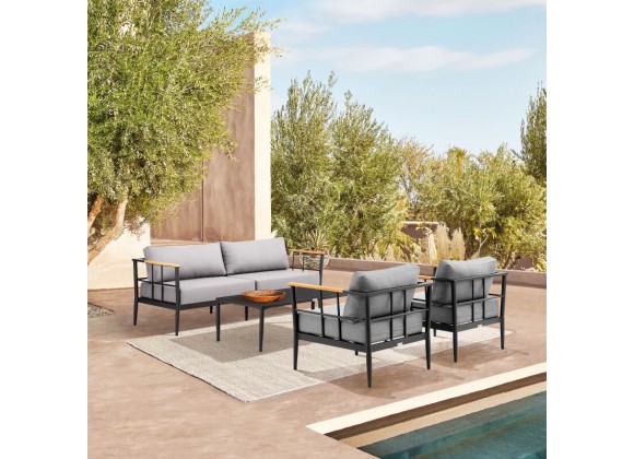 Armen Living Shari Outdoor Patio 4-Piece Lounge Set in Aluminum with Teak Wood and Grey Cushions