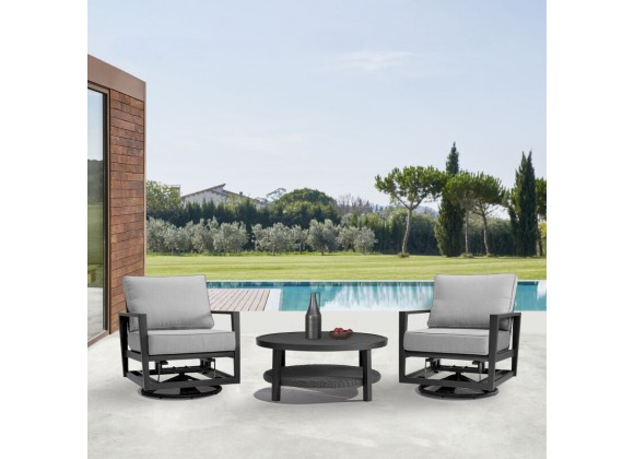 Armen Living Grand 3 Piece Black Aluminum Outdoor Seating Set with Dark Gray Cushions
