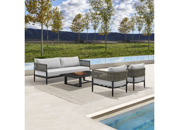 Armen Living Felicia 4 Piece Outdoor Black Aluminum & Rope Conversation Set with Light Gray Fabric Cushions