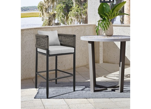 Armen Living Felicia Outdoor Patio Counter or Bar Height Bar Stool in Aluminum with Grey Rope and Cushions 