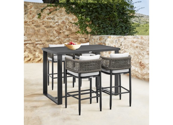 Armen Living Felicia Outdoor Patio 5-Piece Bar Table Set in Aluminum with Grey Rope and Cushions