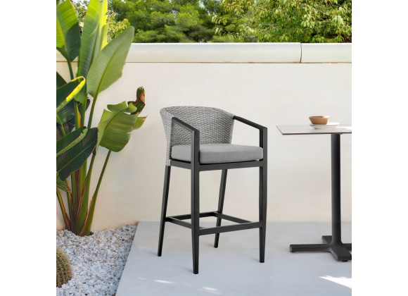 Armen Living Aileen Outdoor Patio Counter or Bar Height Bar Stool in Aluminum and Wicker with Grey Cushions Cushions