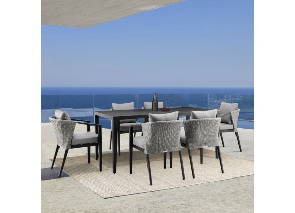Armen Living Aileen Outdoor Patio 7-Piece Dining Table Set In Aluminum and Wicker With Grey Cushions