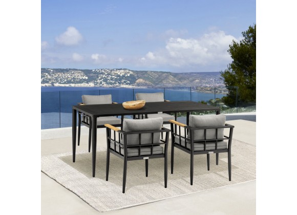 Armen Living Beowulf Outdoor Patio 5-Piece Dining Table Set in Aluminum and Teak with Grey Cushions 10
