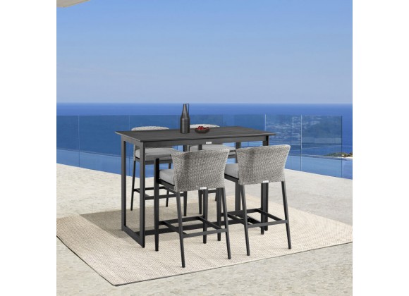 Armen Living Aileen Outdoor Patio 5-Piece Bar Table Set in Aluminum with Grey Cushions