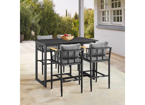 Armen Living Wiglaf Outdoor Patio 5-Piece Bar Table Set in Aluminum with Grey Cushions