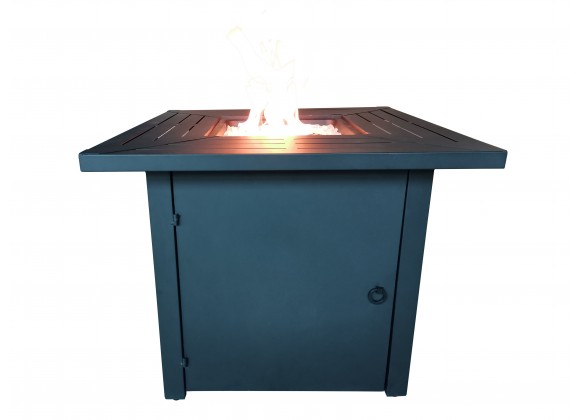 Crawford and Burke Kimball Black Metal Square Fire Pit Table with Glass Rocks,  Front Angle