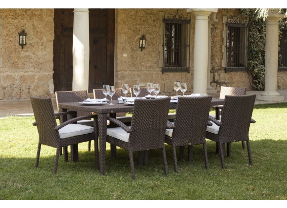 Hospitality Rattan Patio Soho 9-Piece Rectangular Dining Arm Chair Set with Cushions