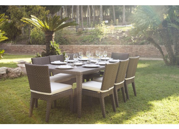 Hospitality Rattan Patio Soho 9-Piece Rectangular Dining Side Chair Set with Cushions