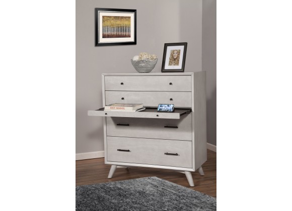 Alpine Furniture Flynn Mid Century Modern 4 Drawer Multifunction Chest w/Pull Out Tray, Grey - Lifestyle
