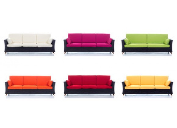 All Things Cedar Rattan Deep Seating Sofa & Green/Orange/Red/White/Yellow Cushions 