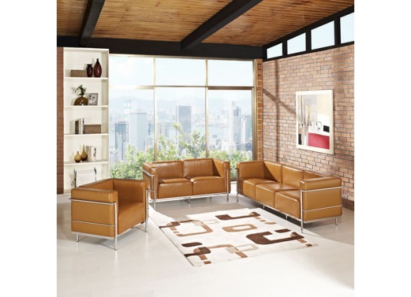 Modway Charles Grande Leather Sofa Loveseat and Armchair Set Of 3 in Tan