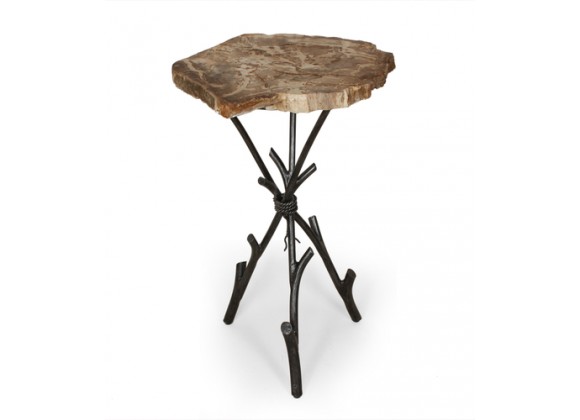 Stilnovo Good Form Petrified Wood Smoking Table with Tripod Base with Hand-forged Steel Rope Binding