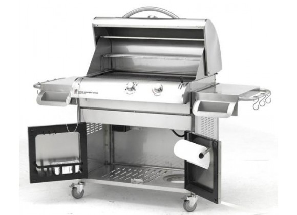 Outdoor Greatroom Company 36" Gas Grill with Cabinet in Stainless Steel - Front Side Angle - Storage Opened