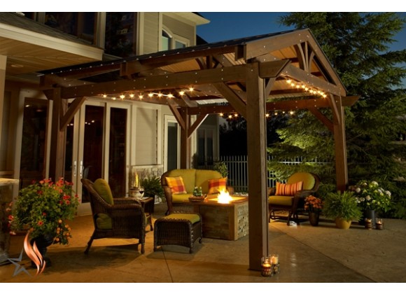 LODGE II - 14' x 14' Douglas Fir Lodge Structure in Mocha Finish  LIfestyle  1 - with Optional Metal Roof