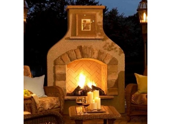 Outdoor Greatroom Company Sonoma Gas Fireplace Surround in Mocha Finish with Crystal Fire Burner - Lifestyle