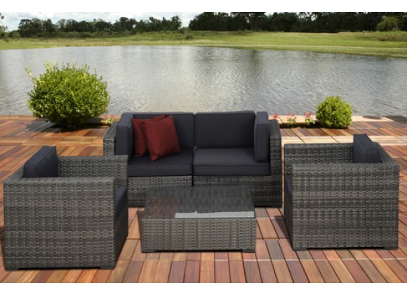 International Home Miami Atlantic Metz 5 pc Grey Wicker Seating Set with Cushions