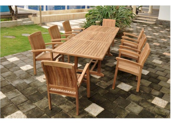Anderson Teak Sahara 9-Piece Stackable Armchair and Bahama 118" Rectangular Extension Outdoor Dining Set