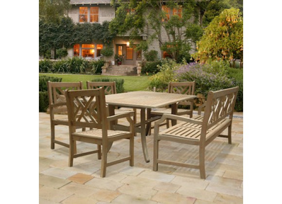 Vifah Modern Patio Renaissance Rectangular Table and Armchair Outdoor Hand-scraped Hardwood Dining Set