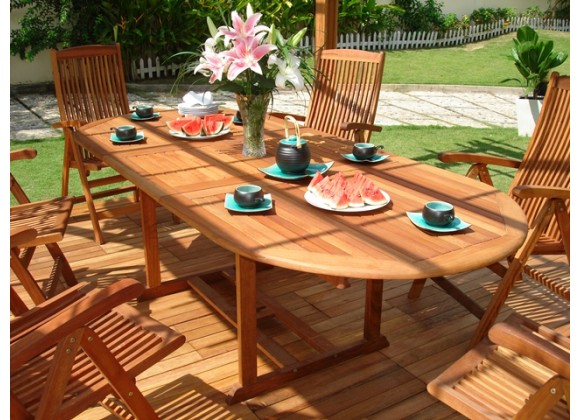 Vifah Modern Patio 9-Piece Outdoor Wood Dining Set with Oval Extension Table and 8 Eucalyptus Wood Dining Chairs