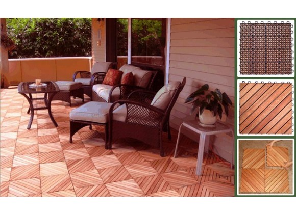 Vifah Modern Patio Interlocking Deck Tiles with 12 Diagonal Slat Design in FSC Eucalyptus (Set of 10)