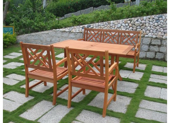 Vifah Modern Patio Outdoor Eucalyptus Wood Dining Set with Design Back Bench, 2 Chairs, and Patio Dining Table