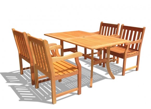 Vifah Modern Patio Eucalyptus Wood Outdoor Rectangular Curvy Dining Set and 4 Dining Chairs