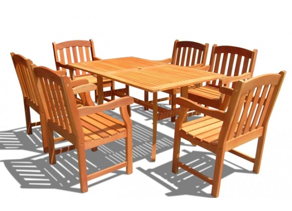 Vifah Modern Patio Eucalyptus Wood Outdoor Rectangular Curvy Dining Set with 6 Slatted Back Dining Chairs with Curved Top and Patio Table