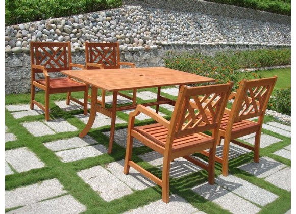 Vifah Modern Patio 5-Piece Outdoor Eucalyptus Wood Dining Set with Design Back Chairs and Patio Dining Table