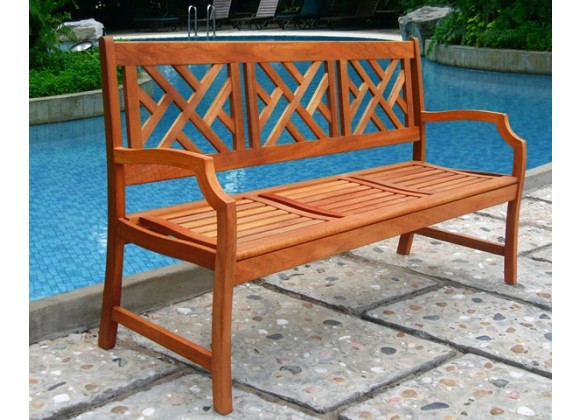 Vifah Modern Patio Outdoor Eucalyptus Wood Bench with Design Back