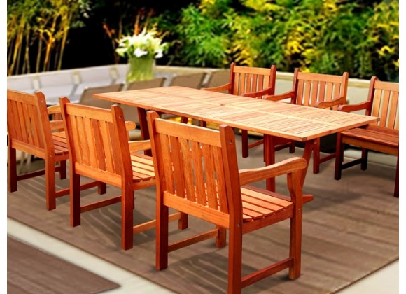 Vifah Modern Patio 7-Piece English Garden Eucalyptus Wood Dining Set with Rectangular Extension Table and 6 Dining Chairs