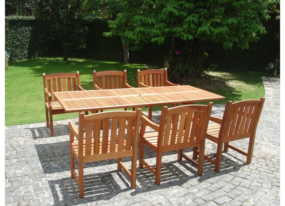 Vifah Modern Patio 7-Piece English Garden Eucalyptus Dining Set with Rectangular Extension Table and 6 Curved Top Dining Chairs