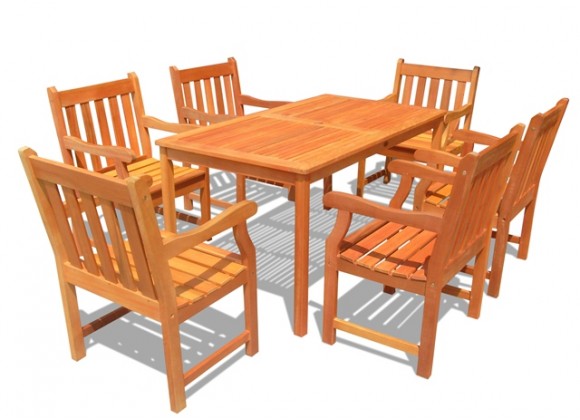 Vifah Modern Patio Outdoor Wood English Garden Dining Set with 6 Slatted Back Chairs and Dining Table