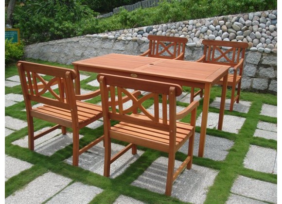 Vifah Modern Patio 5-Piece Outdoor Eucalyptus Wood Dining Set with Criss Cross Arm Chairs and Dining Table