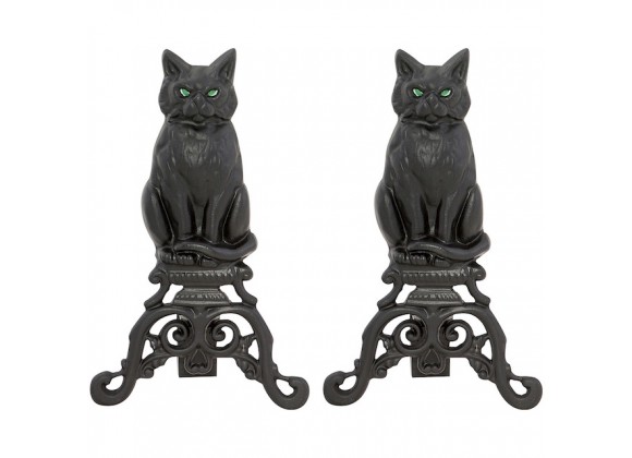 Mr. Bar-B-Q UniFlame® Black Cast Iron Cat Andirons with Reflective Glass Eyes