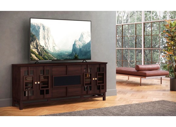 Furnitech 70" Contemporary Asian TV Stand, Media Console for Flat Screen and Audio Video Installations with Brazilian Cherry Veneers and Solids in a Wenge Finish - Lifestyle