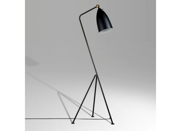 Stickman Floor Lamp Matte Black Aluminum Shade with Black Metal Stem and Brass Hardware