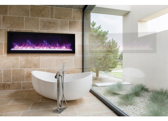 60″ Extra Slim Indoor Or Outdoor Electric Built-in Only Electric Fireplace With Black Steel Surround - Lifestyle