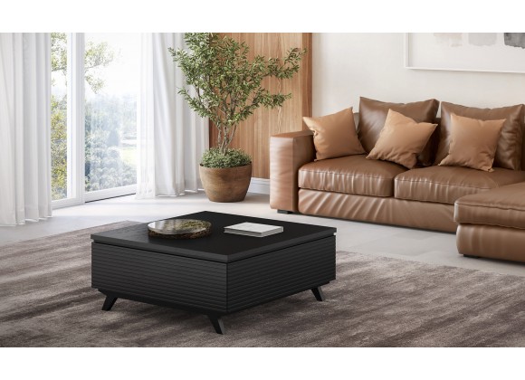 Furnitech 40” Mid-century Modern Square Coffee Table In A Ebony Finish Over American Red Oak Wood Veneers And Solid Black Cherry Wood Legs - Lifestyle