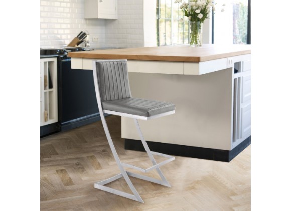 Pinellas Vintage Gray Faux Leather and Brushed Stainless Steel Bar Stool