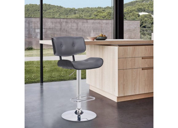  Armen Living Brooklyn Adjustable Swivel Grey Faux Leather And Black Wood Bar Stool With Chrome Base In Gray