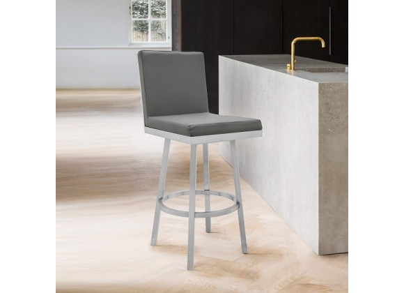 Armen Living Gem Swivel Modern Metal and Gray Faux Leather Bar and Counter Stool