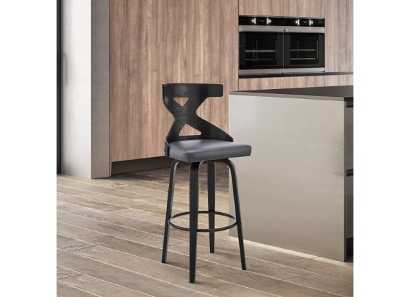 Armen Living Gayle Swivel Cross Back Grey Faux Leather and Black Wood Bar Stool