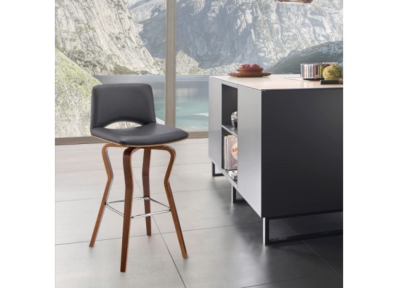 Armen Living Gerty Swivel Grey Faux Leather and Walnut Wood Bar Stool